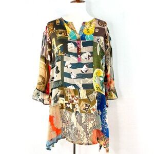 JOHNNY WAS Vera Patchwork Print Ruffle 3/4 Sleeve Tunic Blouse NWT